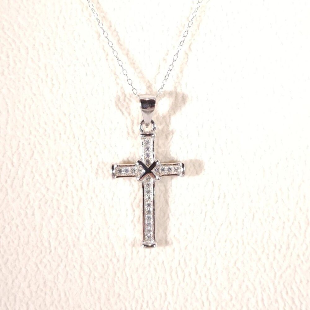 Simulated Diamond Cross Pendant with ITALIAN sterling silver chain